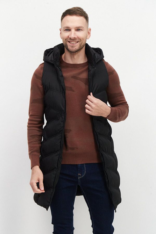 French Connection-Men Hooded Solid Long Puffer Vest, Black 1