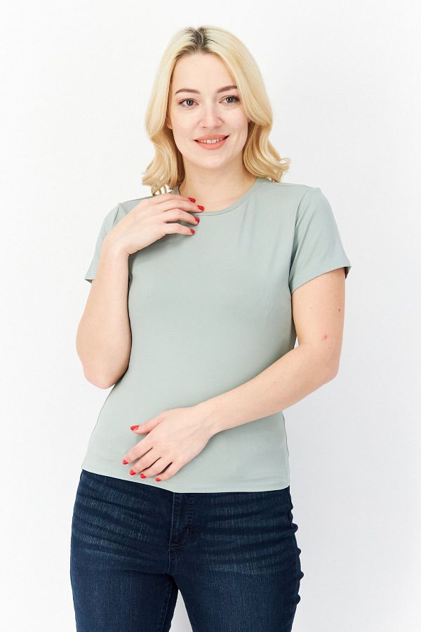 XOXO-Women Round Neck Short Sleeve Plain T-shirt, Sage Green 1