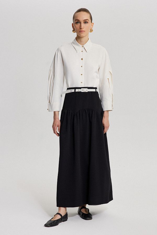 Touché Privé-Linen Textured Skirt - Belt Detailed 1