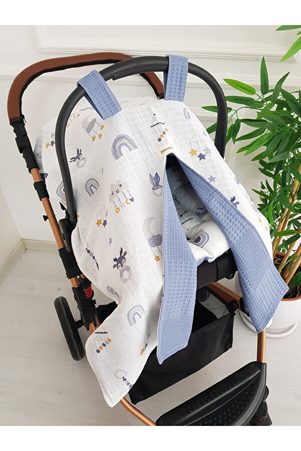 ib ilkimbebe Bulutlu Müslin Pike Çift Taraflı Puset Örtüsü, Minderli Bebek Çift Kat , %100 Pamuklu