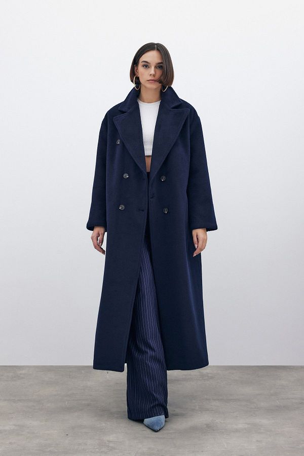 Sateen-Double Breasted Long Coat - Dark Blue 1
