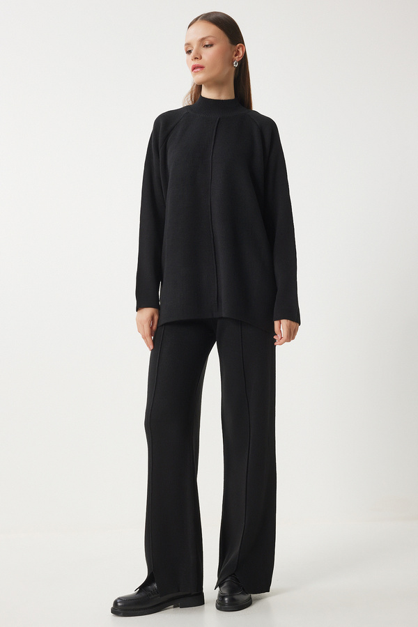 Happiness İstanbul-Stilvolles schwarzes Strick-Sweatshirt-Hosen-Set für Damen MU00012 1