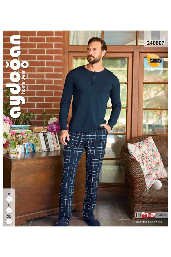 Aydo an Men s Modal Fabric Long Sleeve Button Collar Navy Blue Color Pajamas Set 240807 Trendyol