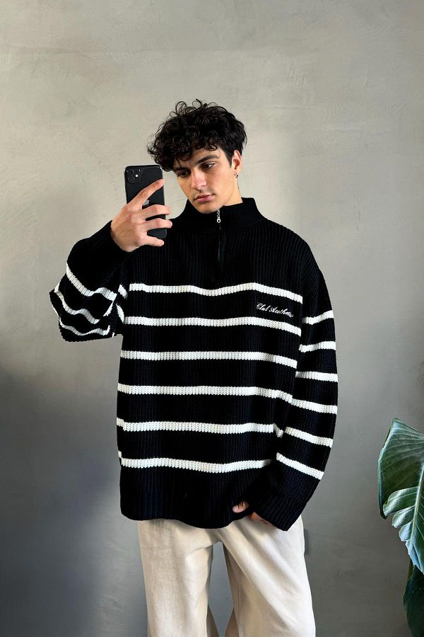 Flaw Wear Half Zip Club Aesthetic Embroidered Black Sweater Trendyol