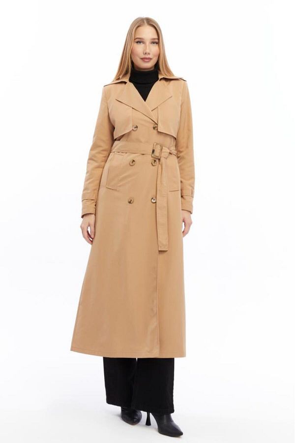 Jamila-Long Length Trench Coat with Buttons and Belt 1