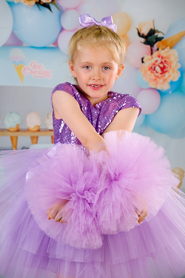 DAFİTO KİDS Lilac Pompom Sleeves Girl's Birthday Evening Dress