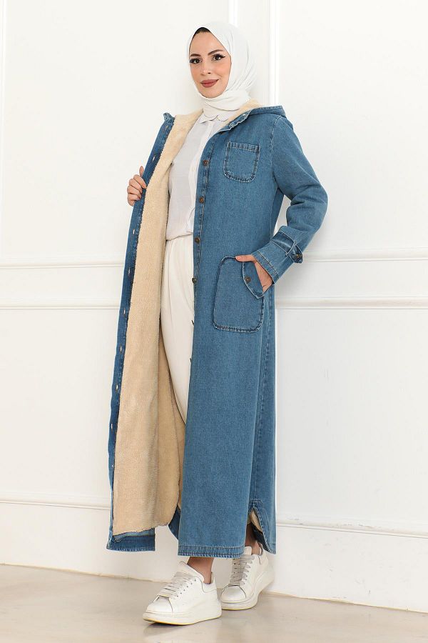 Modamihram-Palton albastru deschis din denim cu glugă - 19230 1