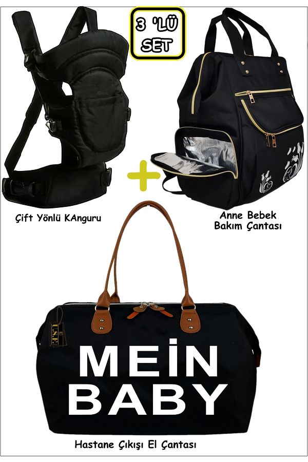 USF 3 Piece Baby Carrying Set Reversible Kangaroo Mother Baby Care Backpack and Hospital Exit Shoulder Bag Trendyol