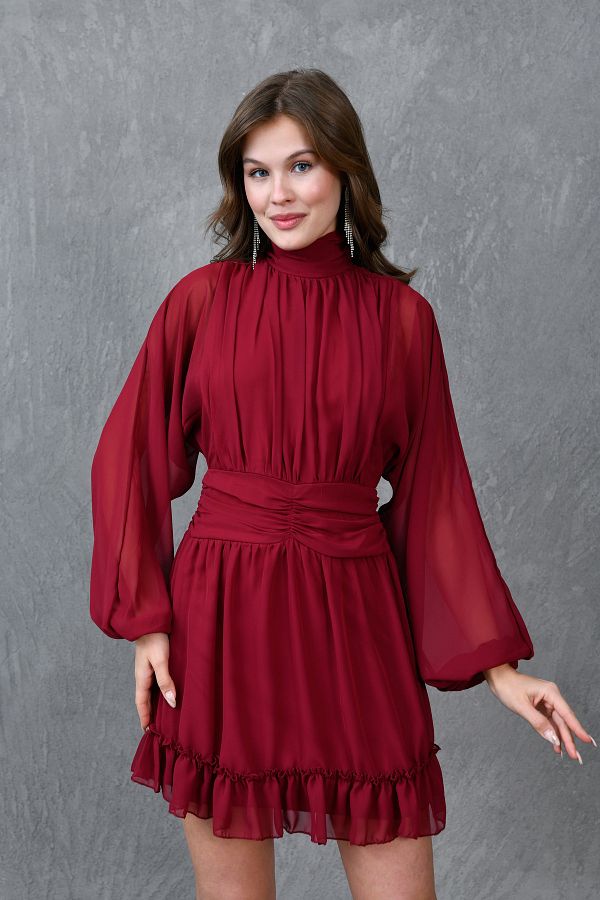 bayansepeti-Lined Chiffon Fabric Back Low-Cut Long Balloon Sleeves Burgundy Evening Dress 066 1