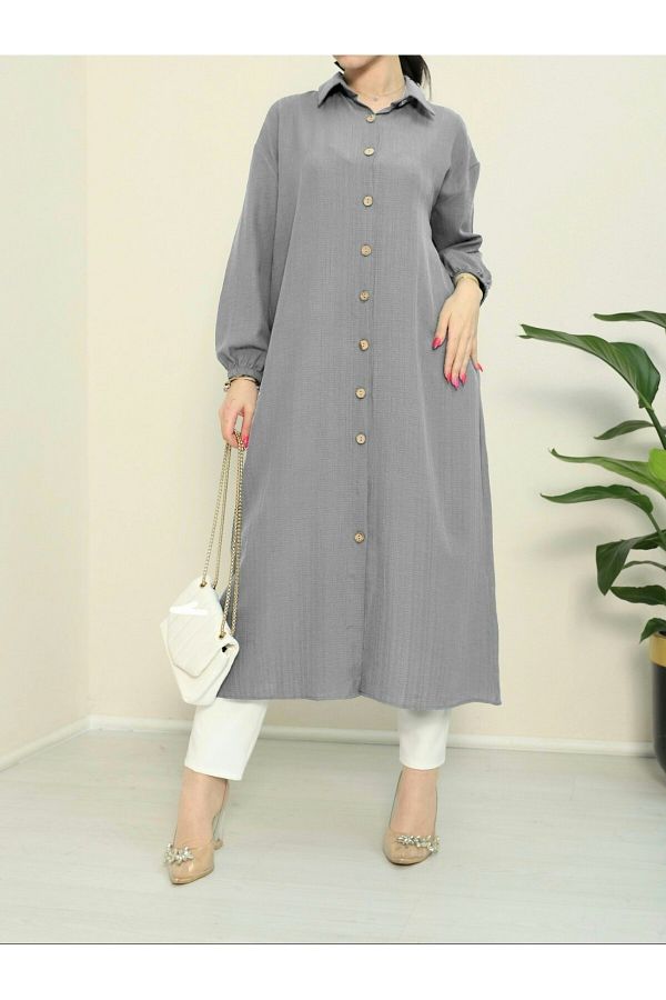 Modamorfo-Long Crinkle Tunic with Elastic Sleeves and Buttons -Grey 1