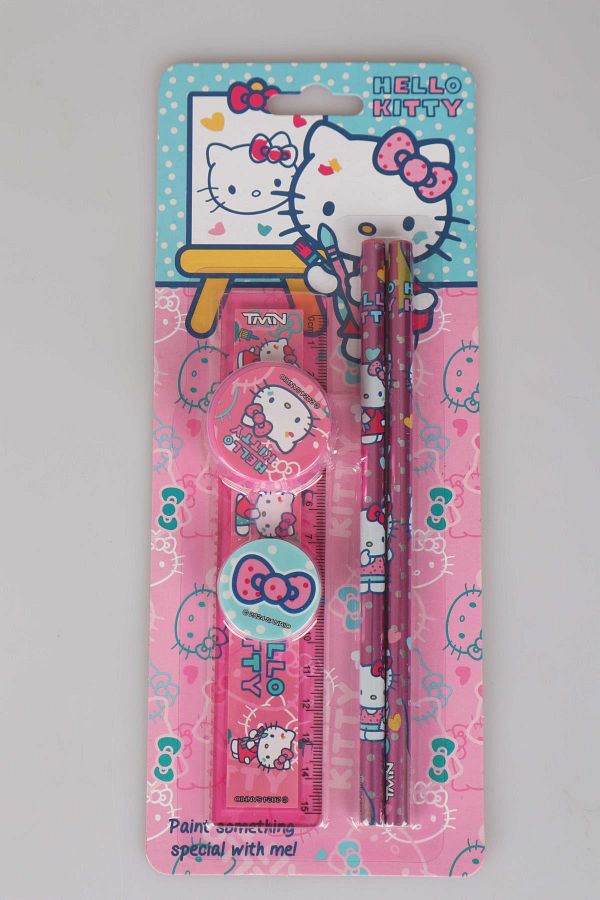 Hello Kitty-طقم قرطاسية هالو كيتي مكون من 5 قطع - مسطرة، 2 قلم رصاص وممحاة ومبراة 1