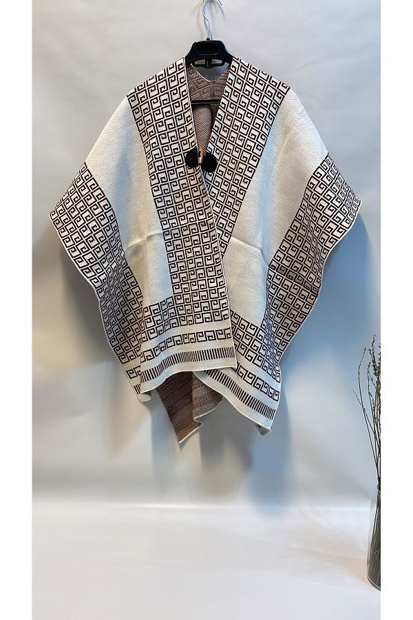 Onur-Straw Patterned Knitwear Poncho - Thick Winter New Product with Buttons and Comfortable to Use 1