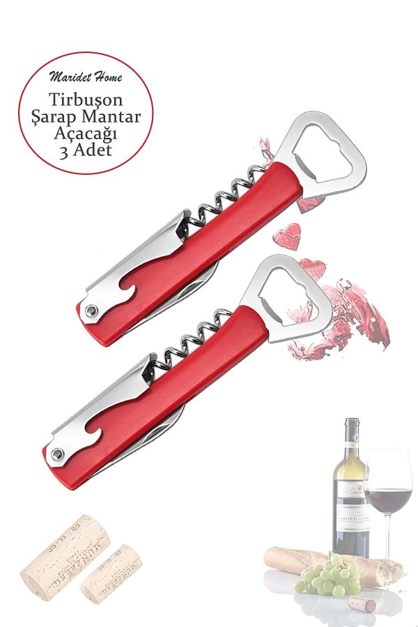 Maridet-Red Lighter Wine Cork Opener Corkscrew Bottle Lid Can Opener - 3 Pieces 1