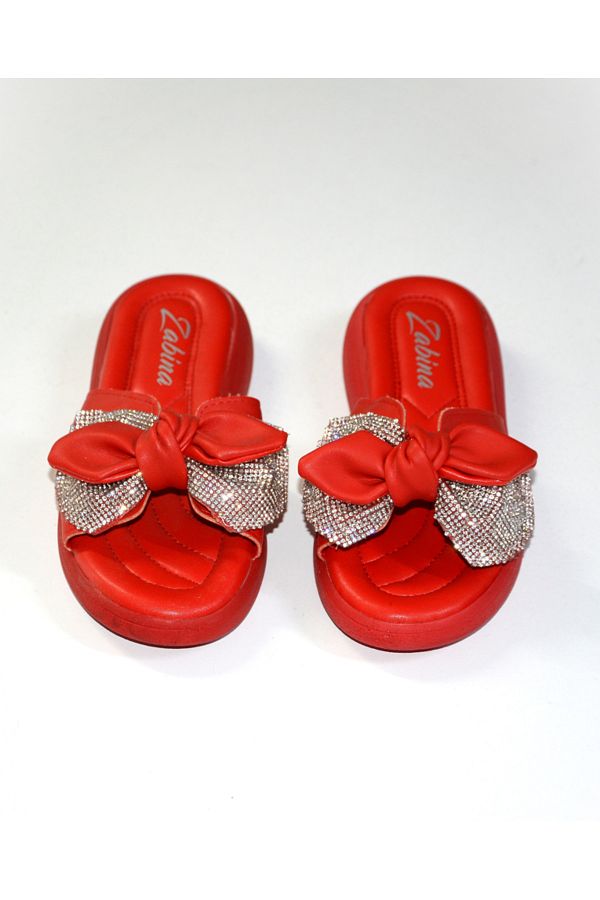 SUNSTEP-Red Sugy Thin Banded Stone Flat Bottom Summer Slippers 1