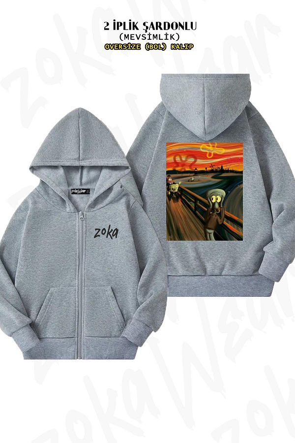 ZOKAWEAR-Van Gogh Spongebob Print - Grey Cardigan with Zipper and Hood (2 Thread) 1