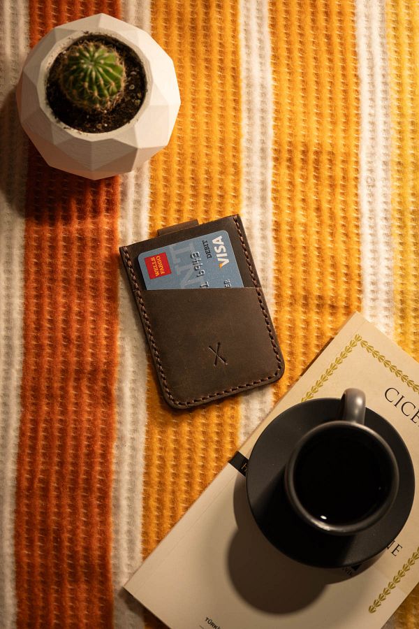 minimal X design-Minimal X V2 Mechanism Card Holder - Chestnut - Real Leather Handmade - Practical Easy Sturdy Design 1