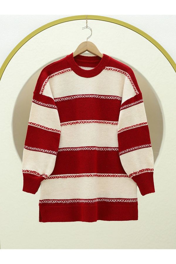 Modamorfo-Cross Stripe Patterned Knitwear Tunic -Red 1