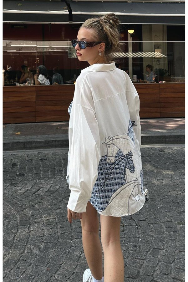 FASHION COCKTAIL Asymmetrical Office Patchwork Design Shirt with Horse Embroidery Embossed Plaid Tweed Button-Down Pockets