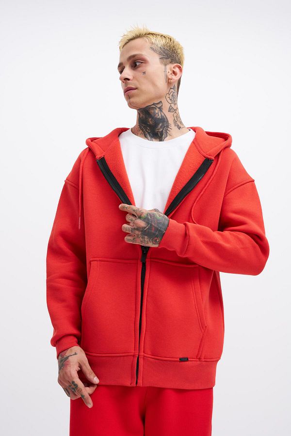 Machinist Men s Basic Zippered Pocket Hooded Oversize Light Red Sweatshirt Trendyol