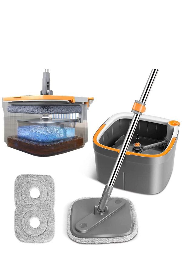ALMUFARREJ-Rotary Squeeze Mop and Bucket Microfiber Mop Pads Hand Free Wringing Floor Clean Mop with 2 Pads 1