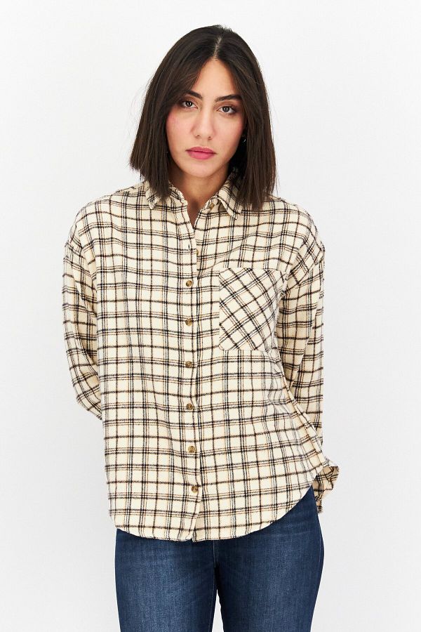 BİLLABONG-Women Regular Fit Plaid Long Sleeve Shirts, Beige Combo 1