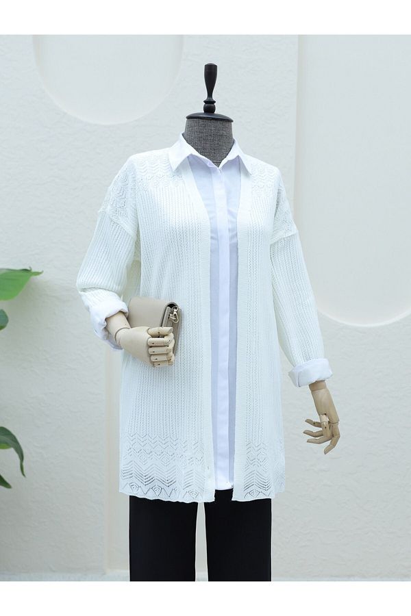 Modamorfo-Ecru Patterned Openwork Cardigan 1