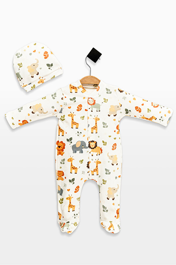 babynup Organik Mini Safari Baskılı Şapkalı Uyku Tulumu Kız Bebek Erkek Bebek 2 Parça 0-3 Ay %100 Pamuk