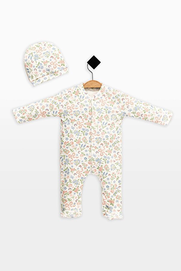 babynup Organik Pembe Mavi Mini Çiçek Baskılı Şapkalı Uyku Tulumu Kız Bebek  2 Parça 0-3 Ay %100 Pamuk