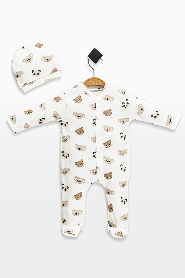 babynup Organik Sevimli Panda Baskılı Şapkalı Uyku Tulumu Kız Bebek Erkek Bebek 2 Parça 0-3 Ay %100 Pamuk