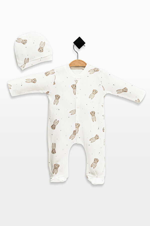 babynup Organik Minik Tavşan Baskılı Şapkalı Uyku Tulumu Kız Bebek Erkek Bebek  2 Parça 0-3 Ay %100 Pamuk