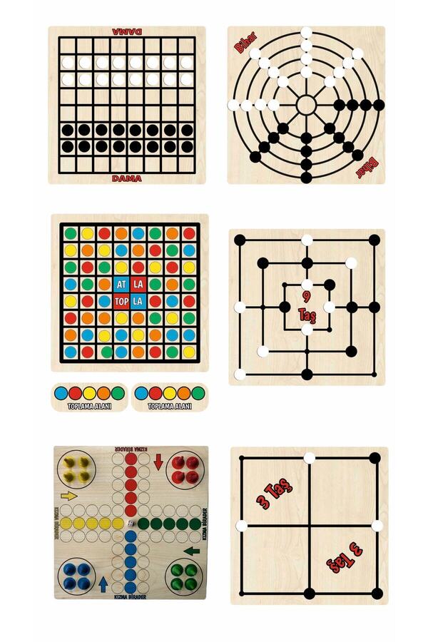 Kiri Ahşap Zeka Oyun Seti 6 Lı Dama, Kızmabirader, Atla Topla, Bihar, 9 Taş, 3 Taş