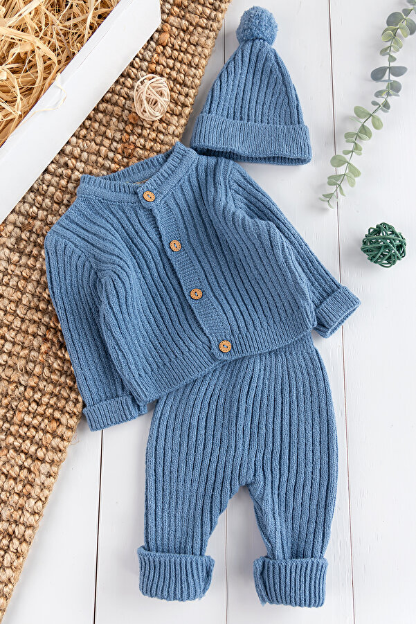 Babymod Triko Hırkalı Bereli Unisex Kışlık Şapkalı Bebek Takım