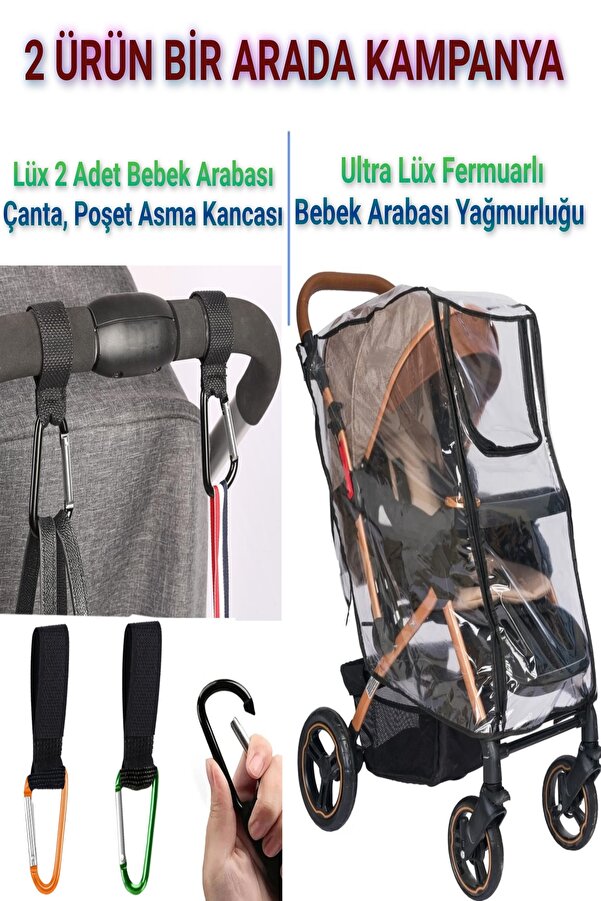 MorPort Lüx Fermuarlı Bebek Arabası Yağmurluğu Ve 2 Adet Bebek Arabası Kanca 2 Ürün Bir Arada