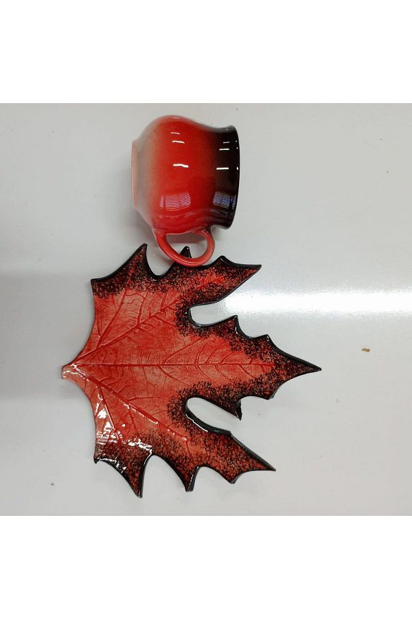 M'art Home-150 ml Red Coffee Cup - Çınar Leaf 1