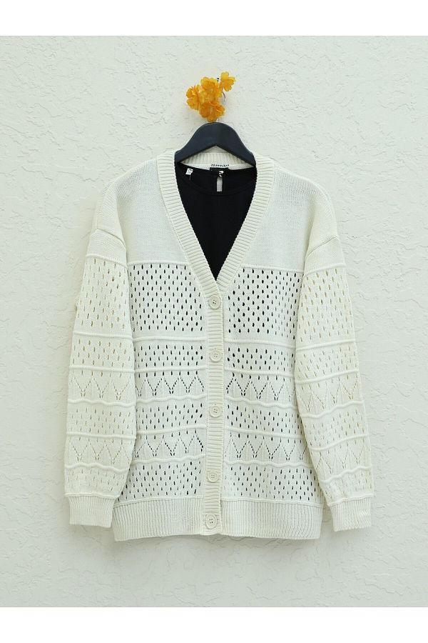 Modamorfo-Openwork Cardigan with Patterned Sleeves and Button Detail - Stone 1