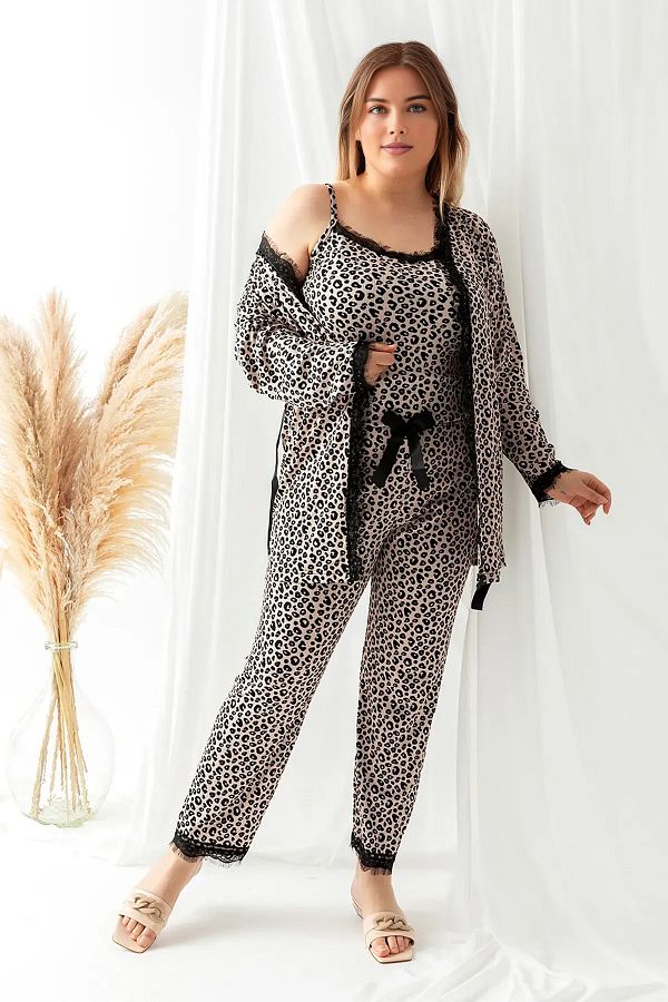 Trendyol Curve-Multicolor Leopard Print 3-Pack Knitted Pajamas Set with Lacing and Lace Detail Tbbaw25Ai00101 1