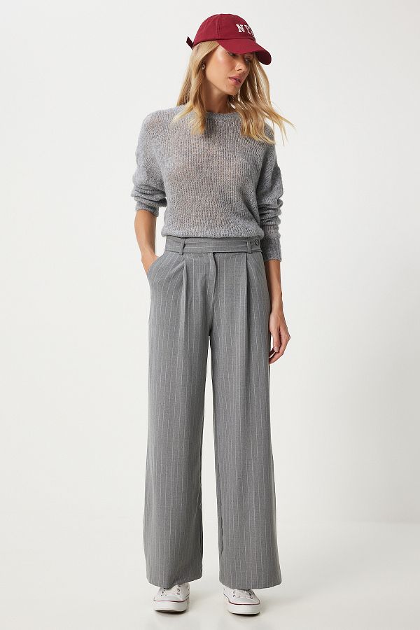 Happiness İstanbul-Gray Thin Striped Women's Trousers - Wide Leg Fn03372 1