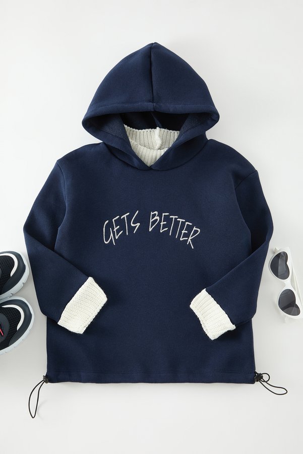 TRENDYOLKIDS Navy Blue Girl's Printed Knitted Mini Me Sweatshirt Tkdaw25Sw00095