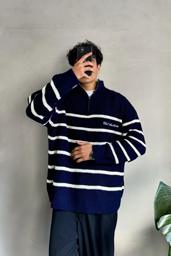 Flaw Wear Half Zip Club Aesthetic Embroidered Navy Blue Sweater Trendyol