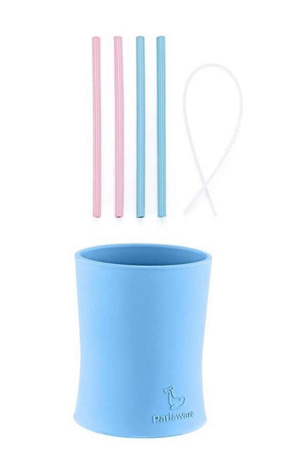 Parlaware Alıştırma Bardağı, Silikon Çocuk Pipet ,4 Adet Pipet, 1 Adet Pipet Temizleyici.mavi