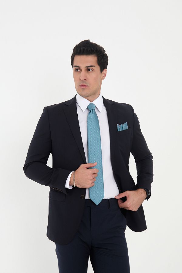 Brianze-Turquoise Patterned Gray Tie and Handkerchief Set 1
