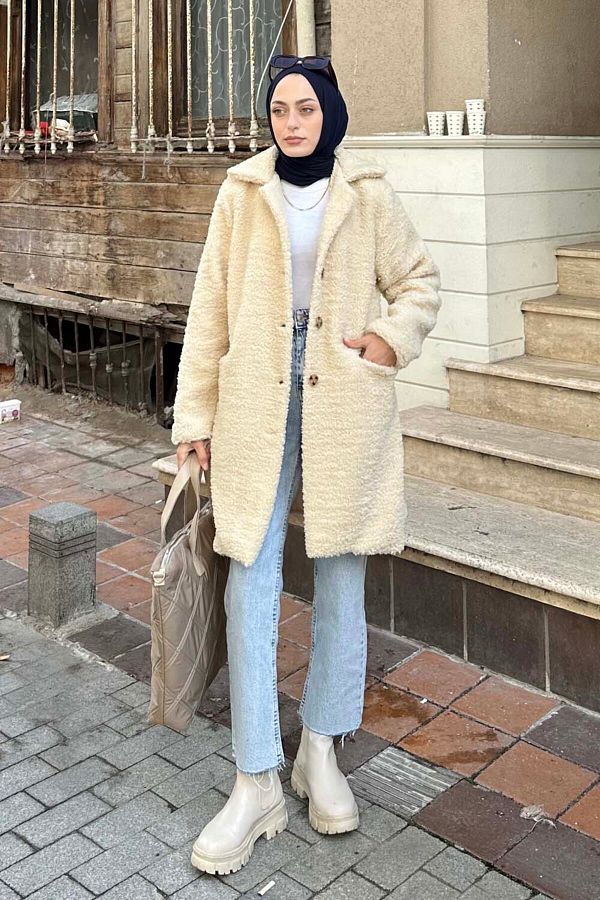 lamelif Cream Colored Plush Teddy Coat Trendyol