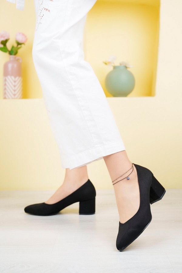 Aymood Black Suede Women s Stylish Daily Comfortable Short Heeled Shoes Heel Height 5cm Trendyol