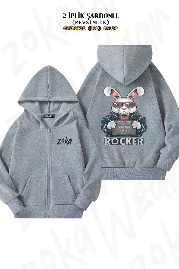 ZOKAWEAR-Rocker Rabbit Print Oversize Gray Cardigan - Back Print, Zipper, Hoodie (2 Thread) 1