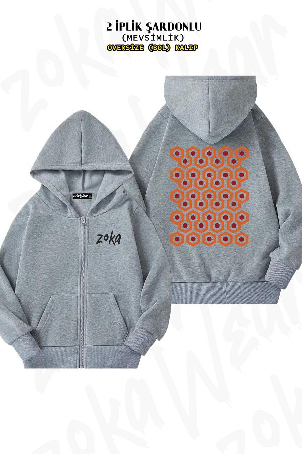 ZOKAWEAR-Overlook Hotel Carpet Pattern - Back Printed, Zip-Up, Hooded Gray Cardigan (2 Thread) 1