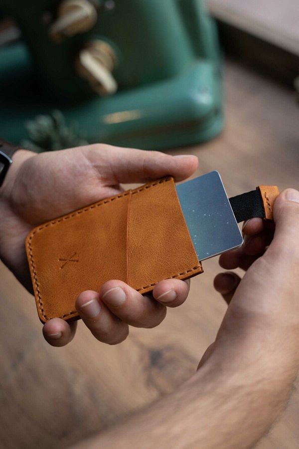 minimal X design-Minimal X V2 - Camel Color Mechanism Card Holder, Real Leather & Handmade - Practical Design 1