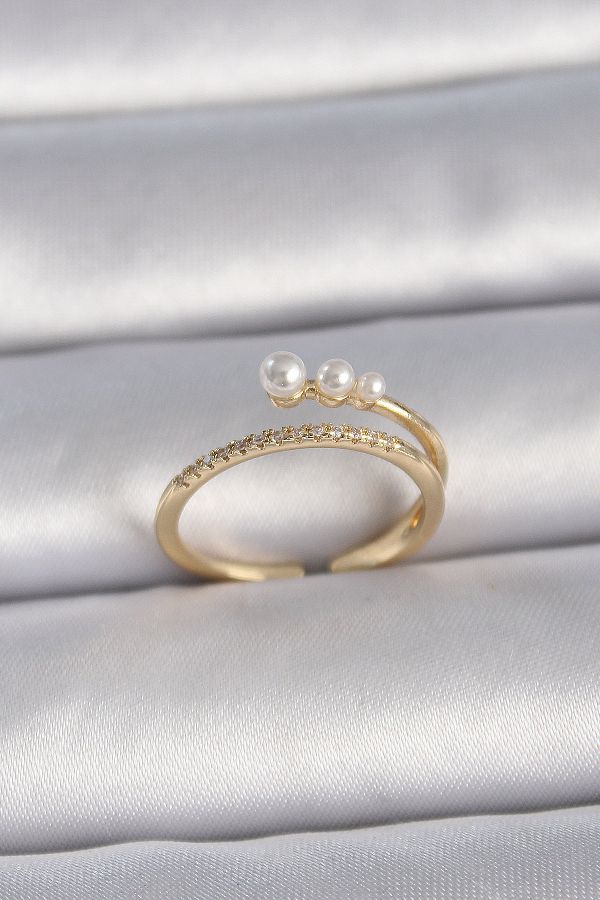 Skygo-Brass Gold Color Adjustable Zircon Stone with Pearls Model Women's Ring 1