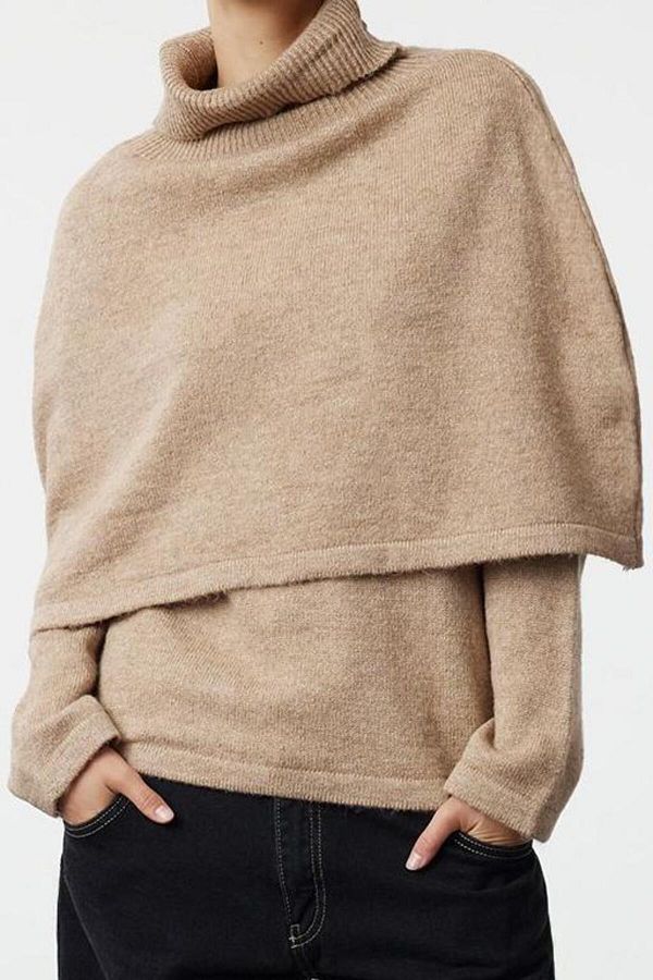 FRM Women s Fashion Stylish Stand Collar Standard Sleeve Regular Soft Textured Poncho Knitwear Sweater Trendyol