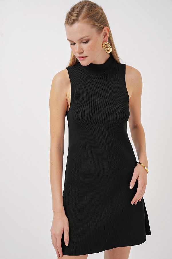 Bigdart-15906 Nullärmeliges Mini-Strickkleid – Schwarz 1