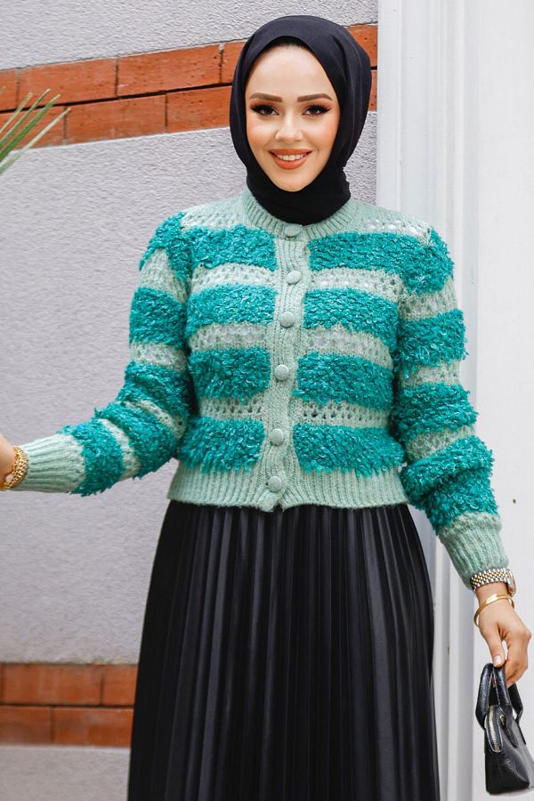 Neva Style-Πλεκτό Hijab Cardigan - Block Transition, 511501MINT 1